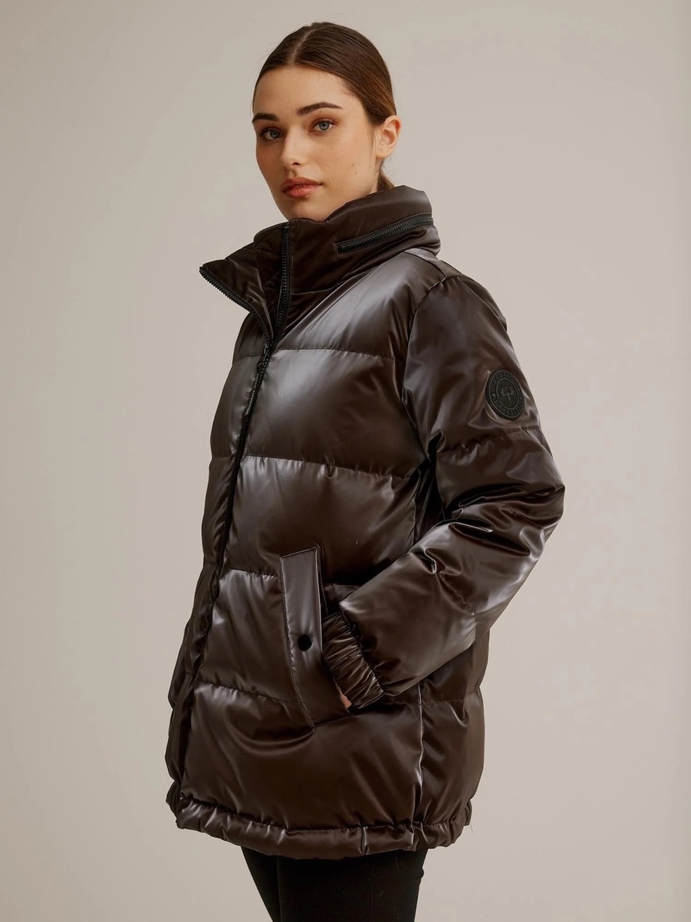 Arctic Expedition Liquid Shine Puffer Jacket Size Large Zip-Out Hood, Brown NWT